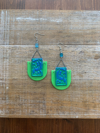 Fuck Ice Tarot Card Protest Activist Earrings Liberal Clip On Earrings Blue & Lime Green