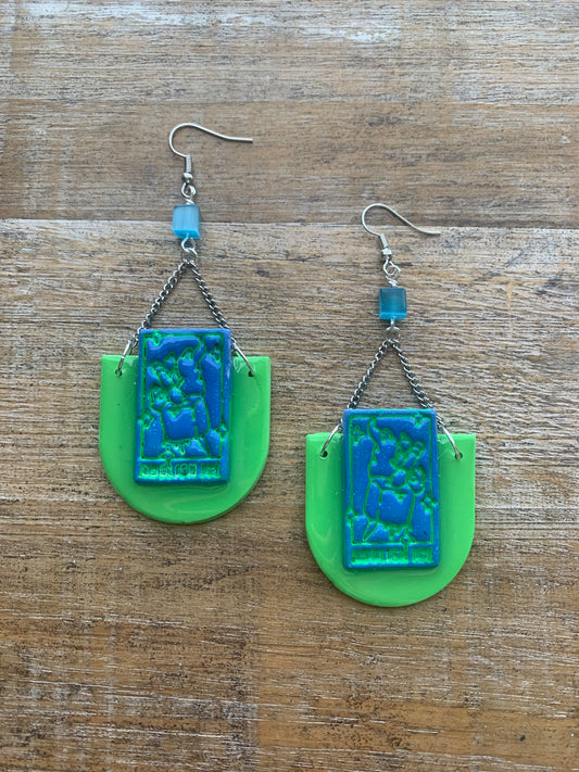 Fuck Ice Tarot Card Protest Activist Earrings Liberal Clip On Earrings Blue & Lime Green