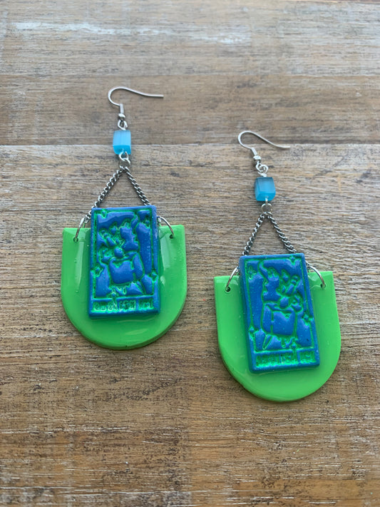 Fuck Ice Tarot Card Protest Activist Earrings Liberal Clip On Earrings Blue & Lime Green