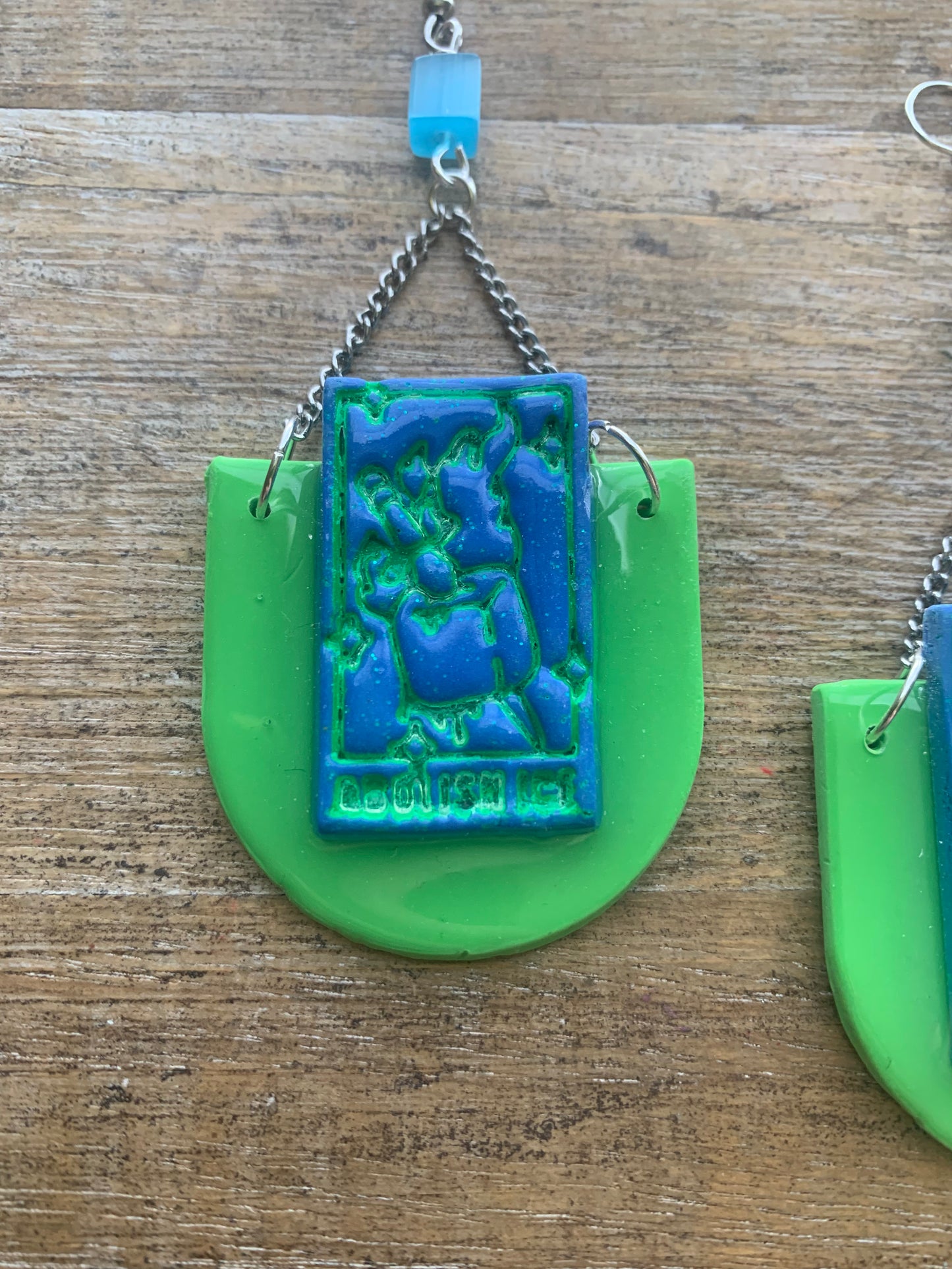 Fuck Ice Tarot Card Protest Activist Earrings Liberal Clip On Earrings Blue & Lime Green