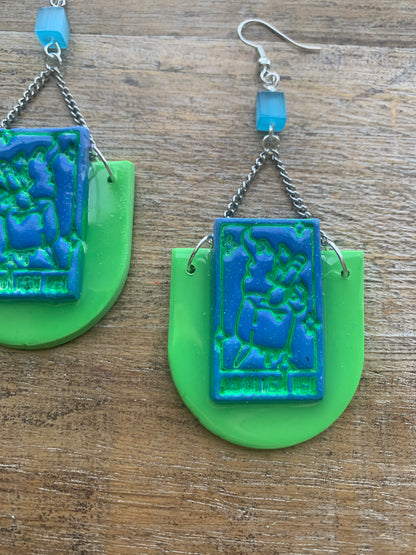 Fuck Ice Tarot Card Protest Activist Earrings Liberal Clip On Earrings Blue & Lime Green
