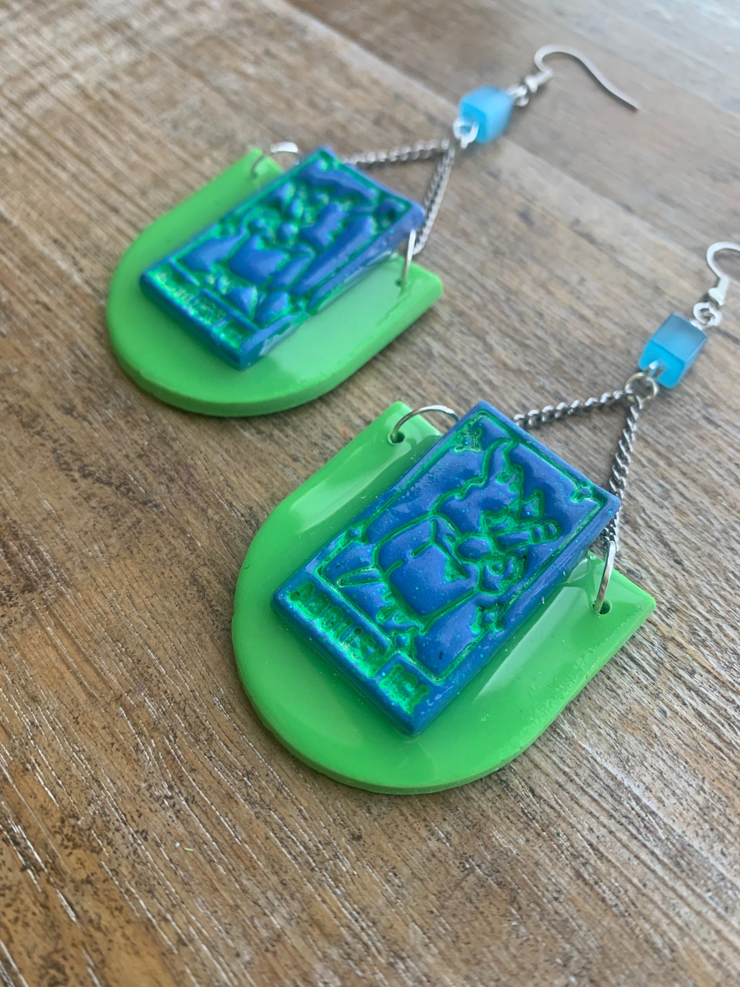 Fuck Ice Tarot Card Protest Activist Earrings Liberal Clip On Earrings Blue & Lime Green