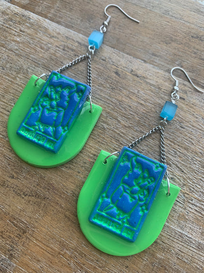 Fuck Ice Tarot Card Protest Activist Earrings Liberal Clip On Earrings Blue & Lime Green