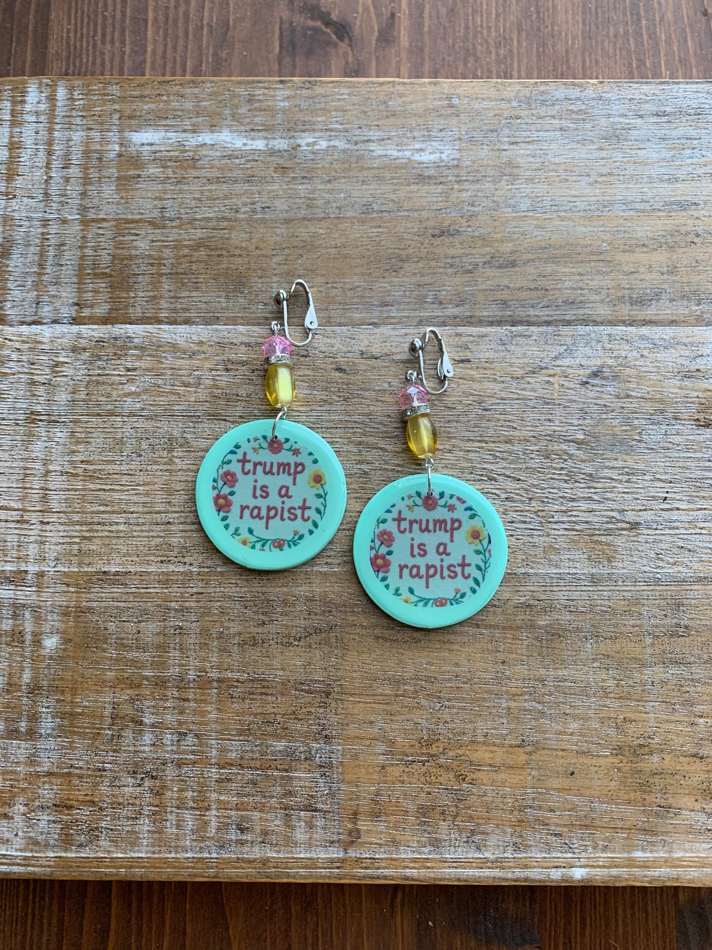 Anti Trump Rapist Clip On Earrings Art Deco Mint Green Liberal Tunnel Gauge Earrings