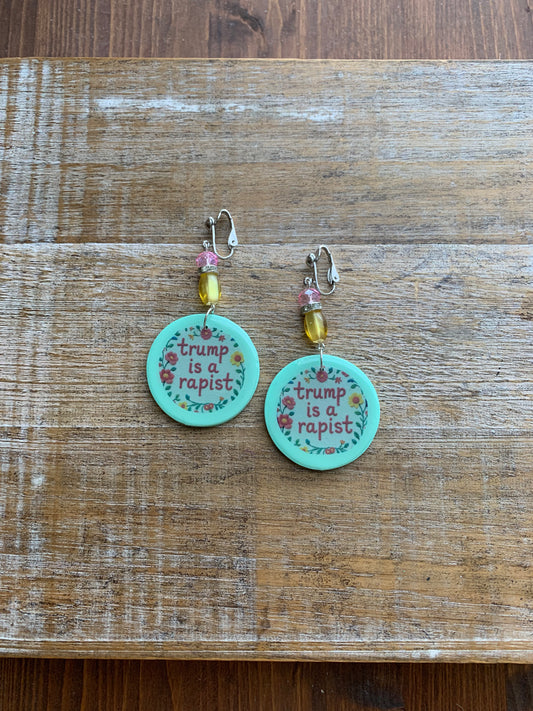 Anti Trump Rapist Clip On Earrings Art Deco Mint Green Liberal Tunnel Gauge Earrings