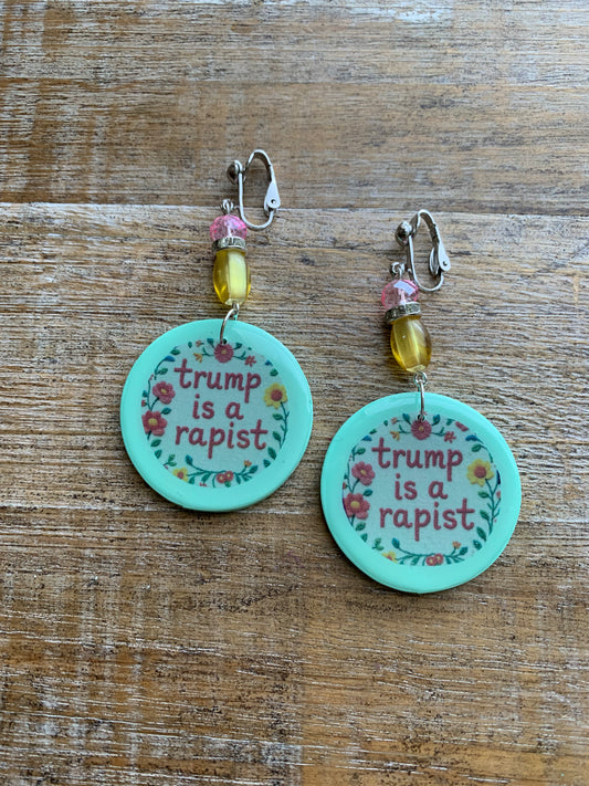 Anti Trump Rapist Clip On Earrings Art Deco Mint Green Liberal Tunnel Gauge Earrings