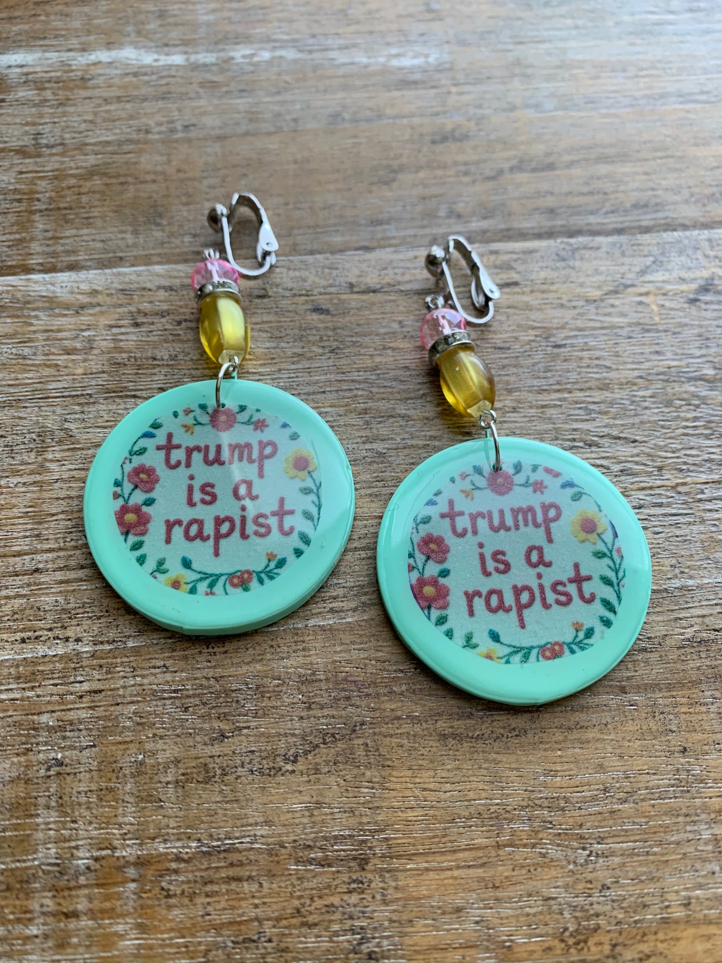 Anti Trump Rapist Clip On Earrings Art Deco Mint Green Liberal Tunnel Gauge Earrings