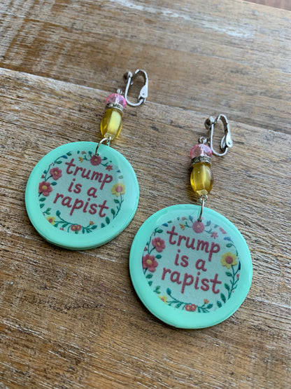 Anti Trump Rapist Clip On Earrings Art Deco Mint Green Liberal Tunnel Gauge Earrings