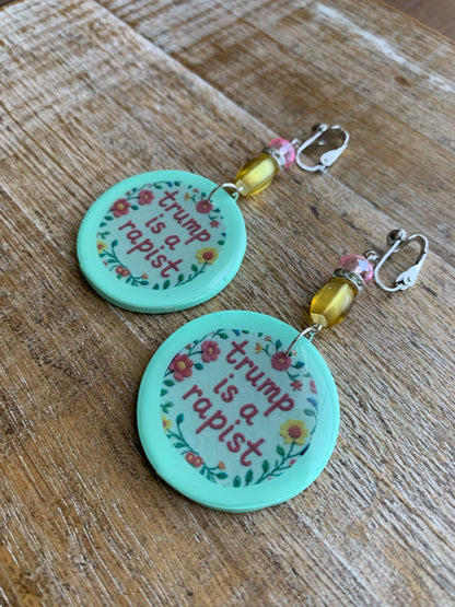 Anti Trump Rapist Clip On Earrings Art Deco Mint Green Liberal Tunnel Gauge Earrings