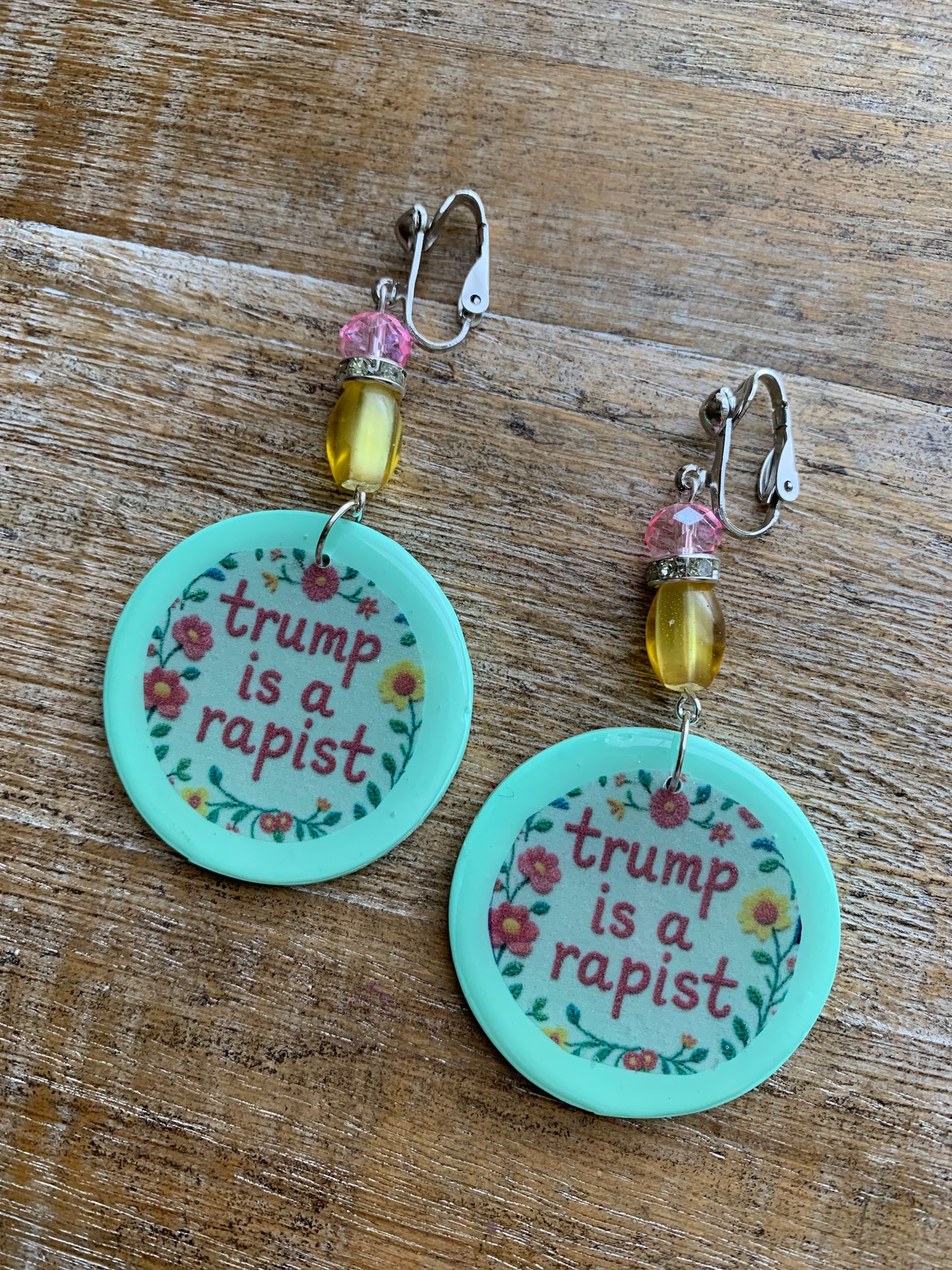 Anti Trump Rapist Clip On Earrings Art Deco Mint Green Liberal Tunnel Gauge Earrings