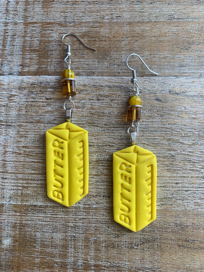 Butter Polymer Clay Earrings Margarine Stick of Butter Miniature Baking Dangle Oil Clip On Earrings Yellow Butter Tunnel Gauge Earrings