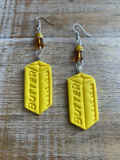 Butter Polymer Clay Earrings Margarine Stick of Butter Miniature Baking Dangle Oil Clip On Earrings Yellow Butter Tunnel Gauge Earrings