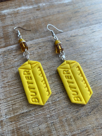 Butter Polymer Clay Earrings Margarine Stick of Butter Miniature Baking Dangle Oil Clip On Earrings Yellow Butter Tunnel Gauge Earrings