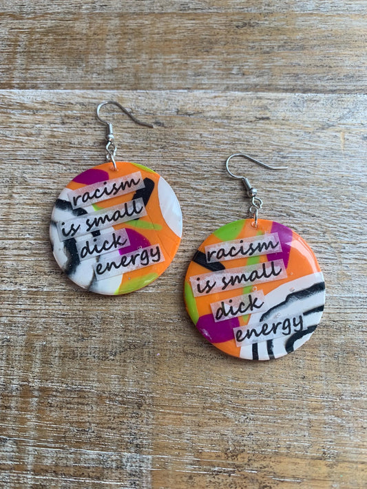 Racism is Small D Energy Earrings Neon Orange Anti Racism Abstract BLM Activist Statement Clip On Earrings Ear Hangers