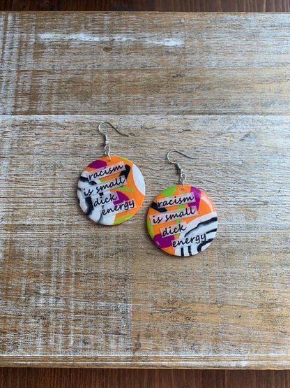 Racism is Small D Energy Earrings Neon Orange Anti Racism Abstract BLM Activist Statement Clip On Earrings Ear Hangers