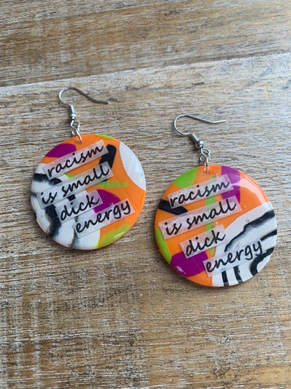Racism is Small D Energy Earrings Neon Orange Anti Racism Abstract BLM Activist Statement Clip On Earrings Ear Hangers