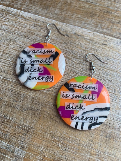 Racism is Small D Energy Earrings Neon Orange Anti Racism Abstract BLM Activist Statement Clip On Earrings Ear Hangers