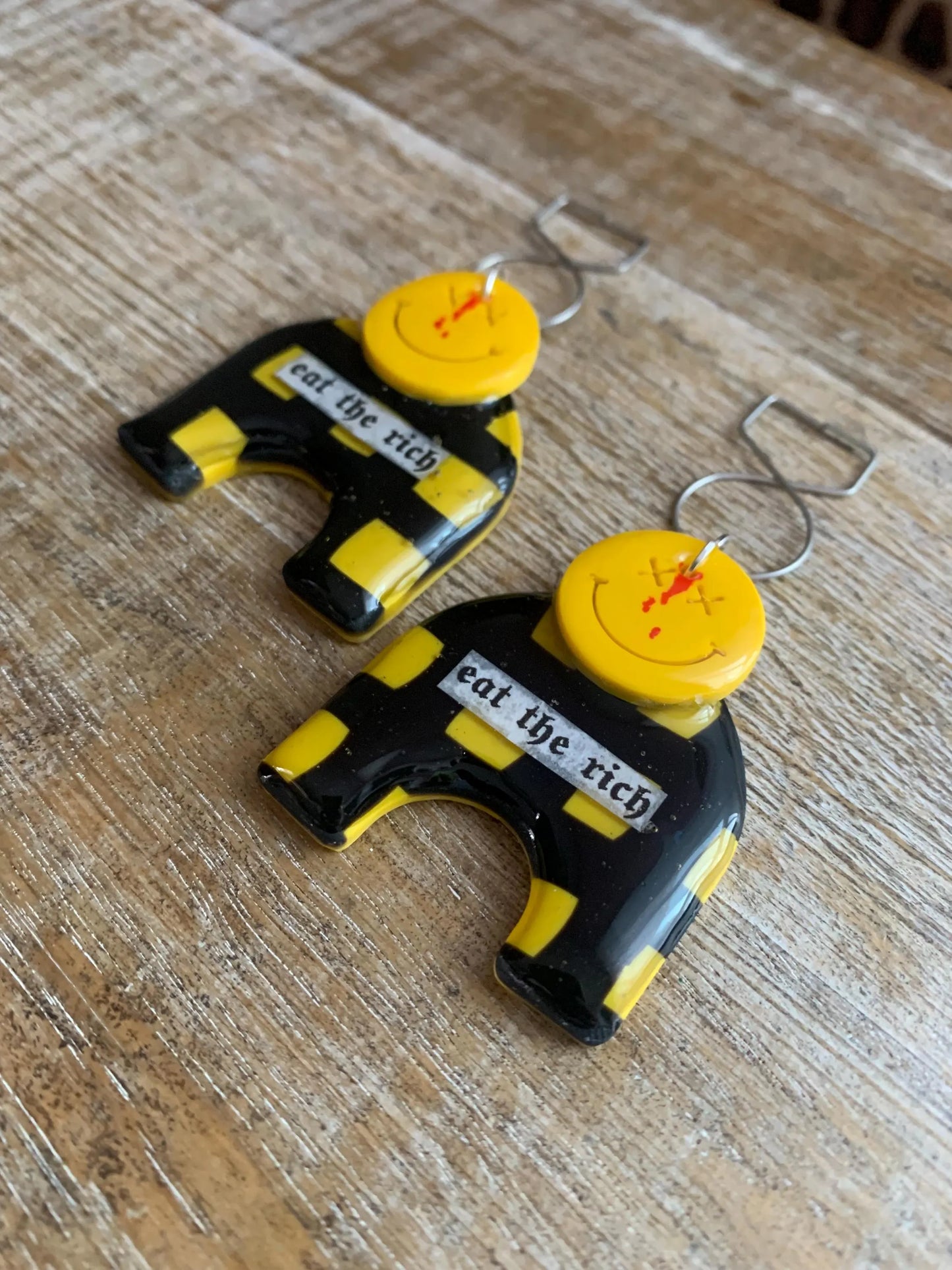 Eat The Rich Art Deco Style Tunnel Gauge Earrings Yellow Punk Liberal Eat the Rich 90s Vibes Protest Polymer Clay Clip On Earrings