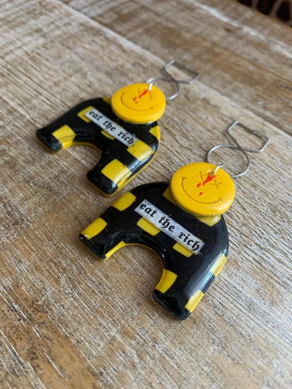 Eat The Rich Art Deco Style Tunnel Gauge Earrings Yellow Punk Liberal Eat the Rich 90s Vibes Protest Polymer Clay Clip On Earrings