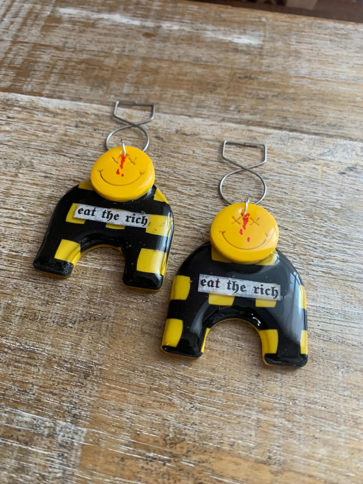 Eat The Rich Art Deco Style Tunnel Gauge Earrings Yellow Punk Liberal Eat the Rich 90s Vibes Protest Polymer Clay Clip On Earrings