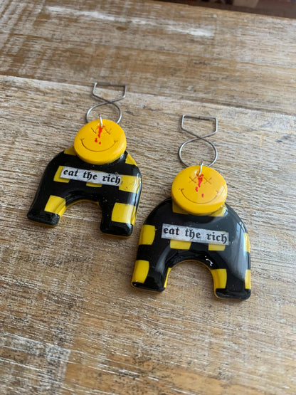 Eat The Rich Art Deco Style Tunnel Gauge Earrings Yellow Punk Liberal Eat the Rich 90s Vibes Protest Polymer Clay Clip On Earrings