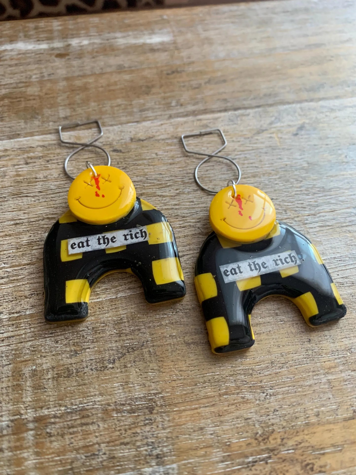 Eat The Rich Art Deco Style Tunnel Gauge Earrings Yellow Punk Liberal Eat the Rich 90s Vibes Protest Polymer Clay Clip On Earrings