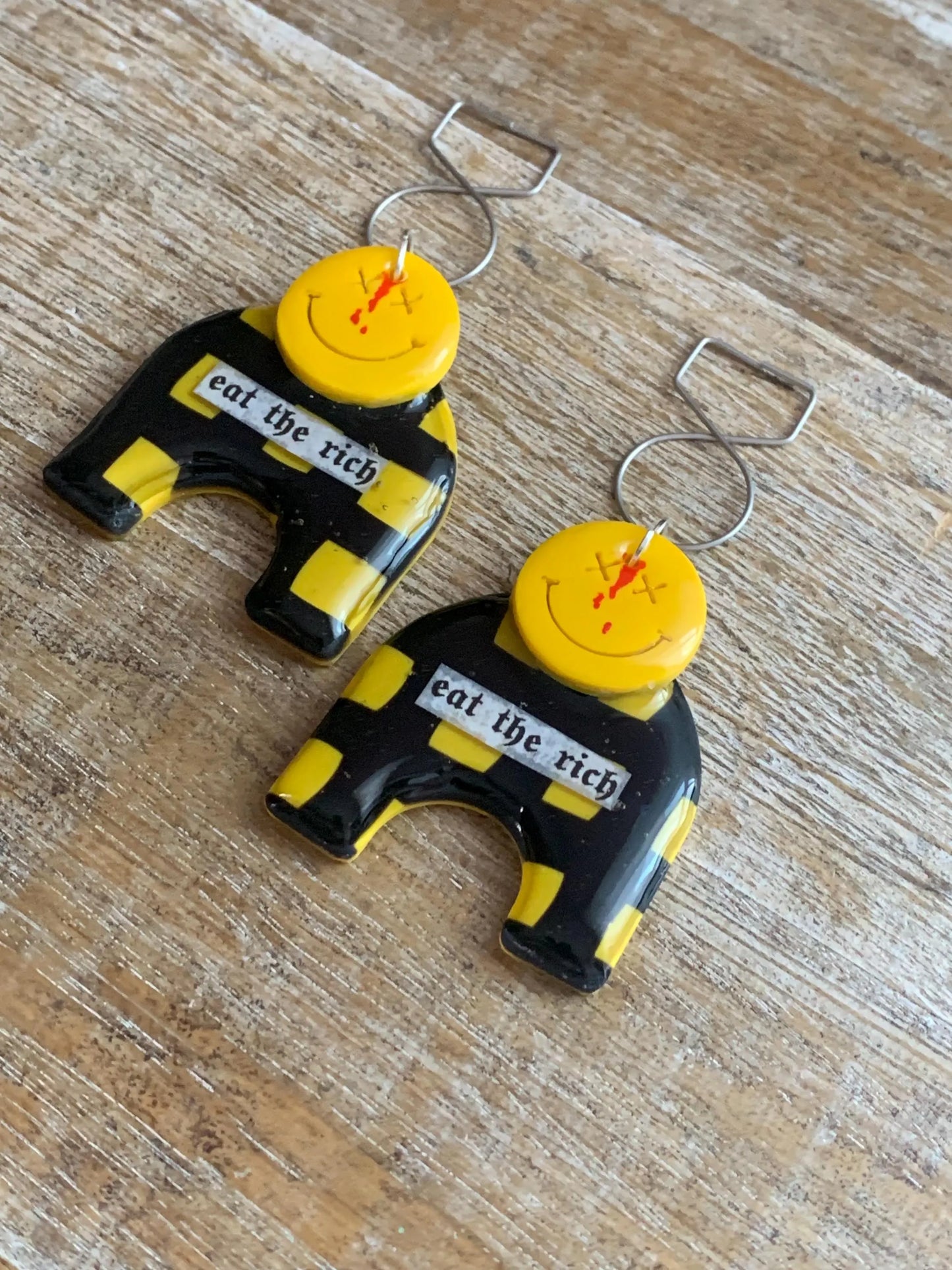 Eat The Rich Art Deco Style Tunnel Gauge Earrings Yellow Punk Liberal Eat the Rich 90s Vibes Protest Polymer Clay Clip On Earrings