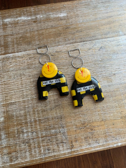 Eat The Rich Art Deco Style Tunnel Gauge Earrings Yellow Punk Liberal Eat the Rich 90s Vibes Protest Polymer Clay Clip On Earrings
