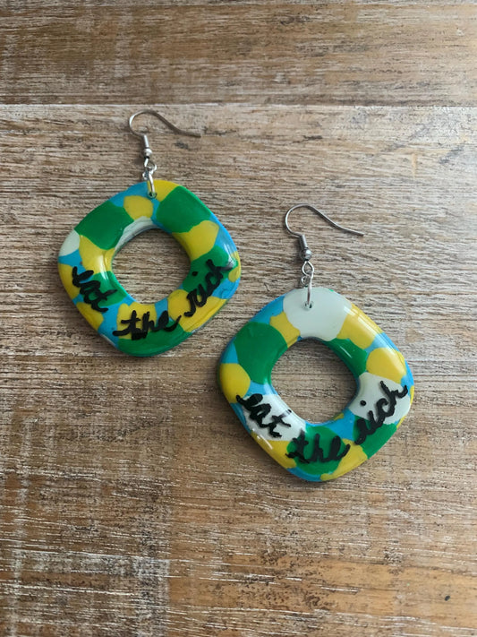 Eat The Rich Terrazzo Clay Earrings Clip On Earrings Boho Art Deco Tax The Rich 1% Anti Capitalism Ear Hangers