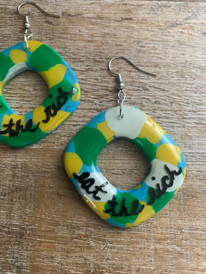Eat The Rich Terrazzo Clay Earrings Clip On Earrings Boho Art Deco Tax The Rich 1% Anti Capitalism Ear Hangers