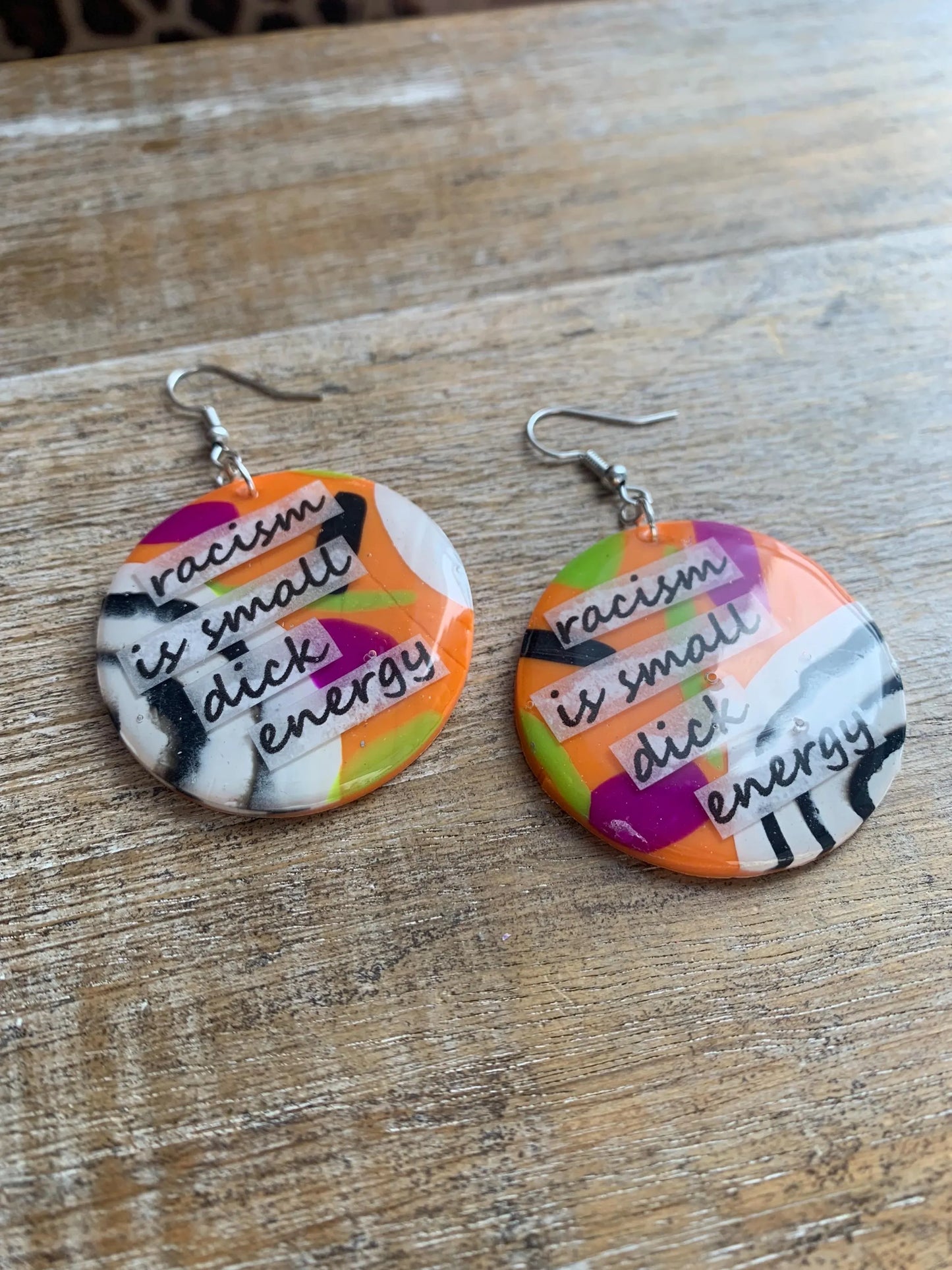 Racism is Small D Energy Earrings Neon Orange Anti Racism Abstract BLM Activist Statement Clip On Earrings Ear Hangers