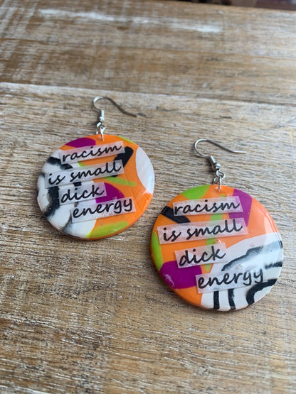 Racism is Small D Energy Earrings Neon Orange Anti Racism Abstract BLM Activist Statement Clip On Earrings Ear Hangers