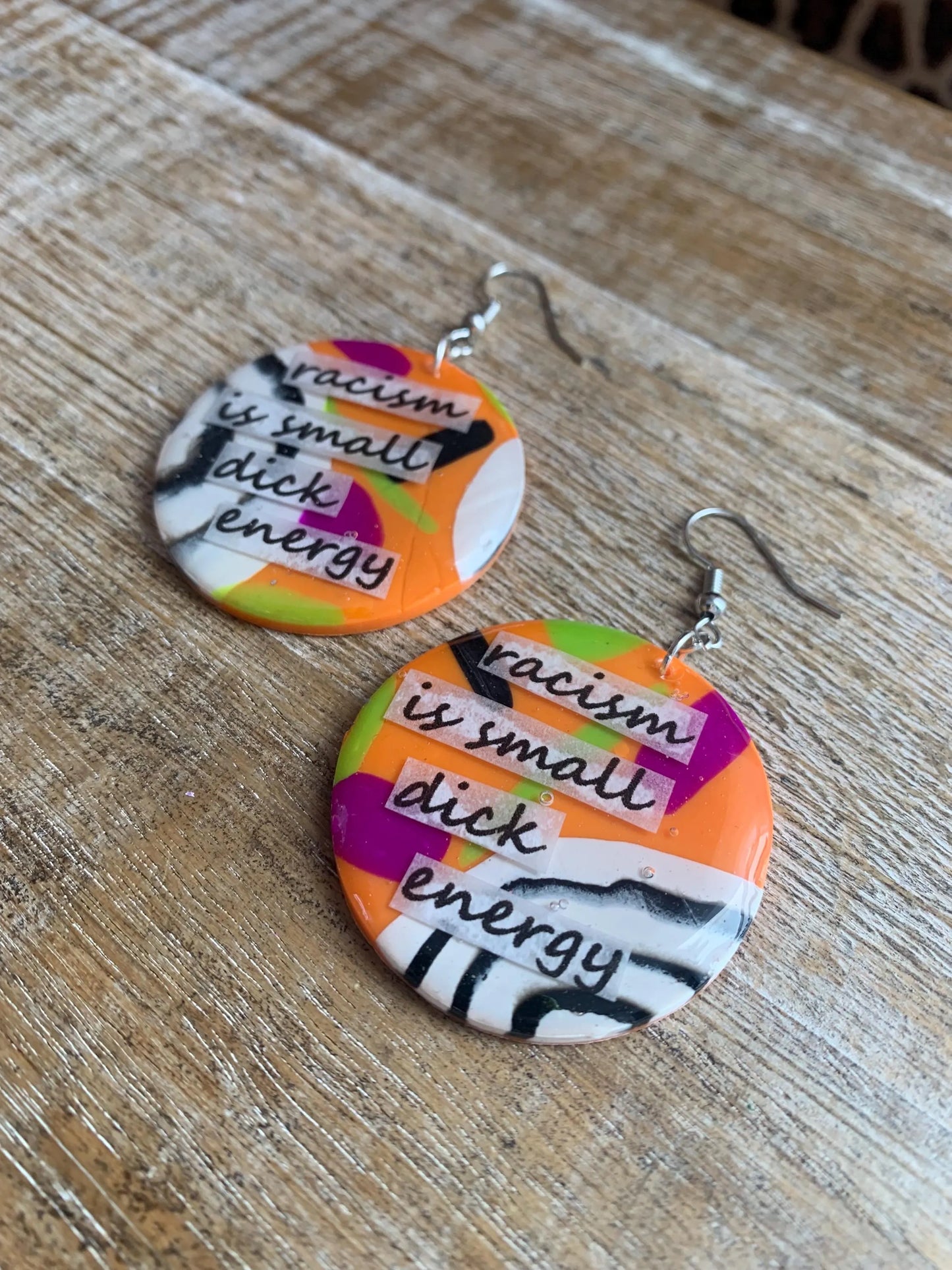 Racism is Small D Energy Earrings Neon Orange Anti Racism Abstract BLM Activist Statement Clip On Earrings Ear Hangers