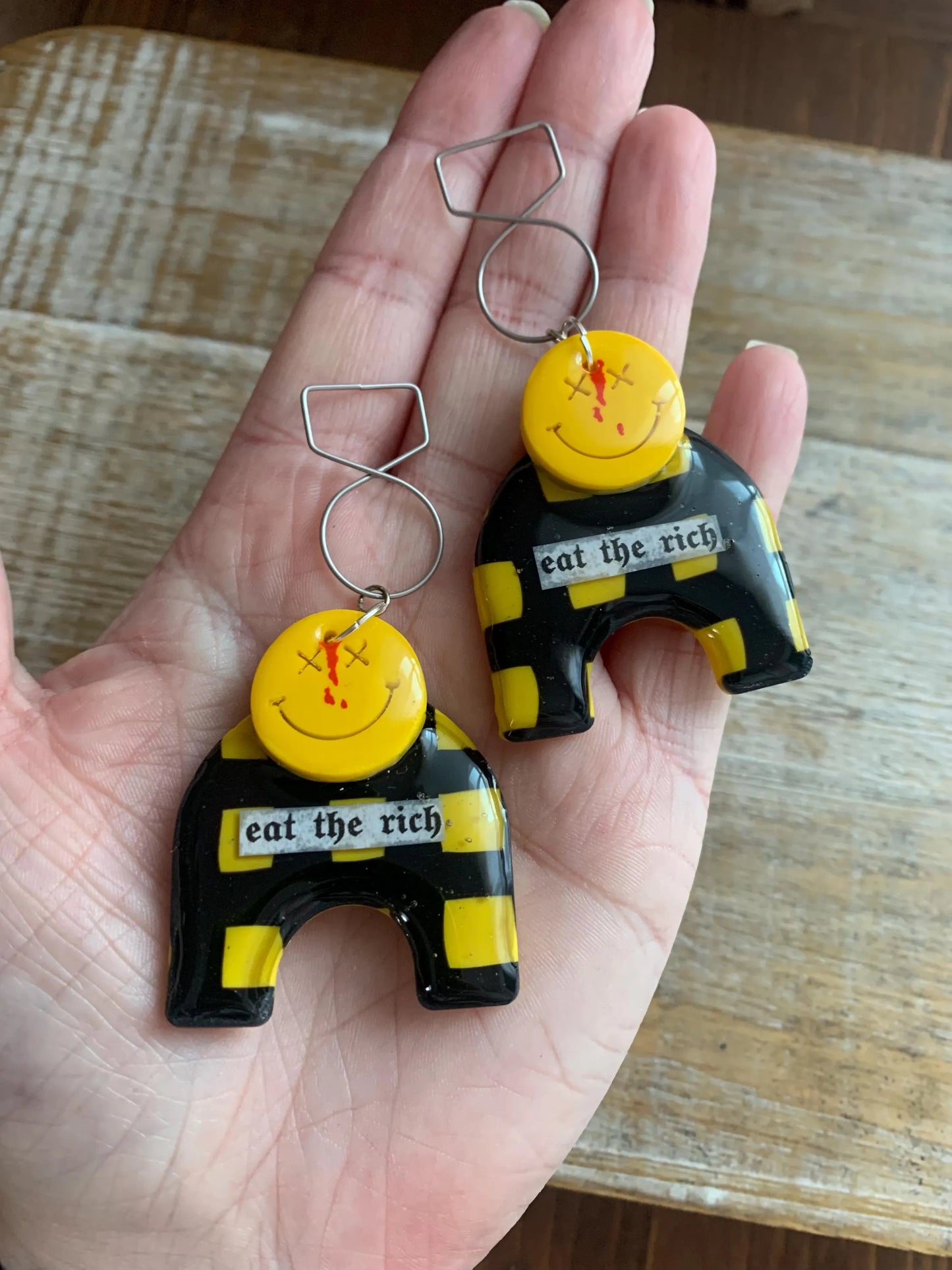 Eat The Rich Art Deco Style Tunnel Gauge Earrings Yellow Punk Liberal Eat the Rich 90s Vibes Protest Polymer Clay Clip On Earrings