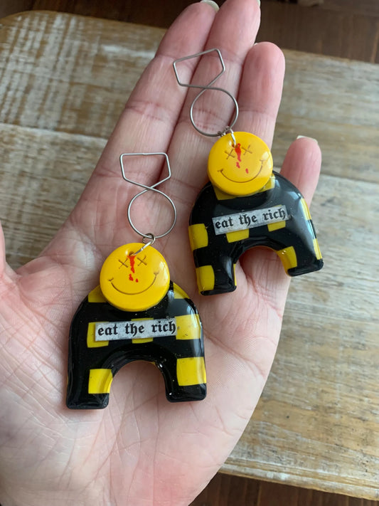 Eat The Rich Art Deco Style Tunnel Gauge Earrings Yellow Punk Liberal Eat the Rich 90s Vibes Protest Polymer Clay Clip On Earrings