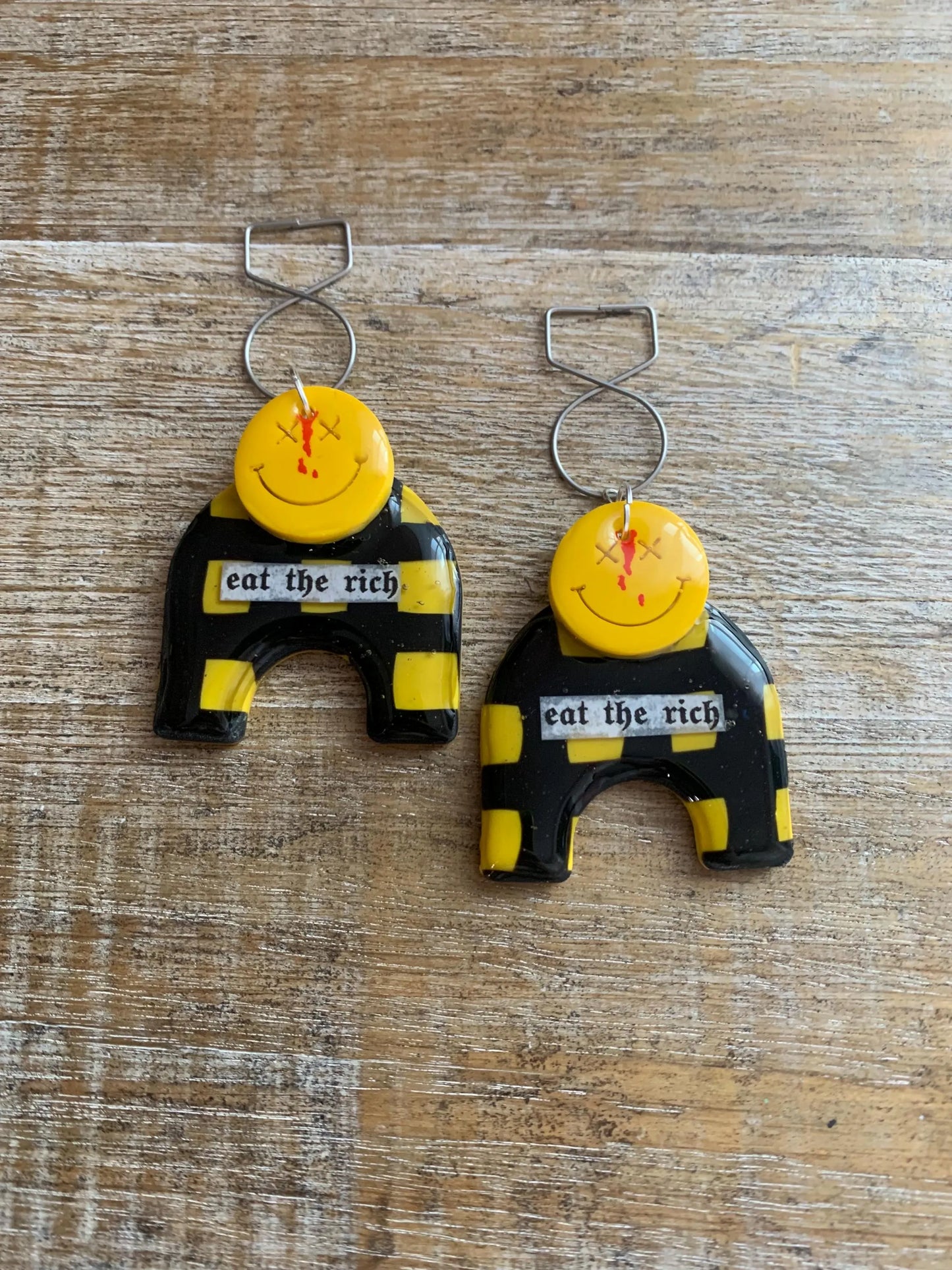 Eat The Rich Art Deco Style Tunnel Gauge Earrings Yellow Punk Liberal Eat the Rich 90s Vibes Protest Polymer Clay Clip On Earrings
