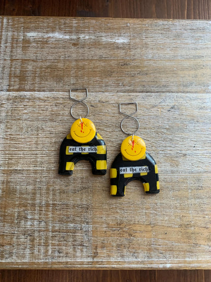 Eat The Rich Art Deco Style Tunnel Gauge Earrings Yellow Punk Liberal Eat the Rich 90s Vibes Protest Polymer Clay Clip On Earrings