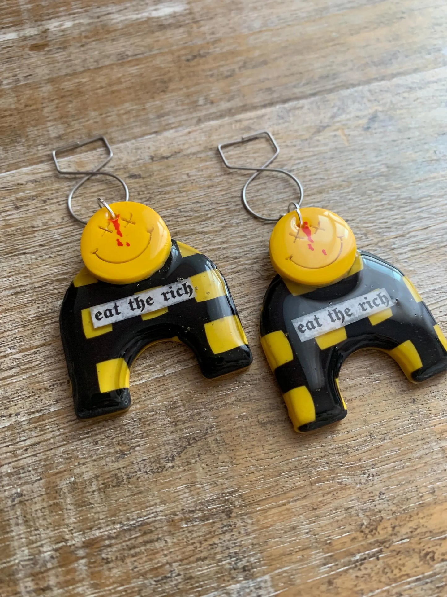 Eat The Rich Art Deco Style Tunnel Gauge Earrings Yellow Punk Liberal Eat the Rich 90s Vibes Protest Polymer Clay Clip On Earrings
