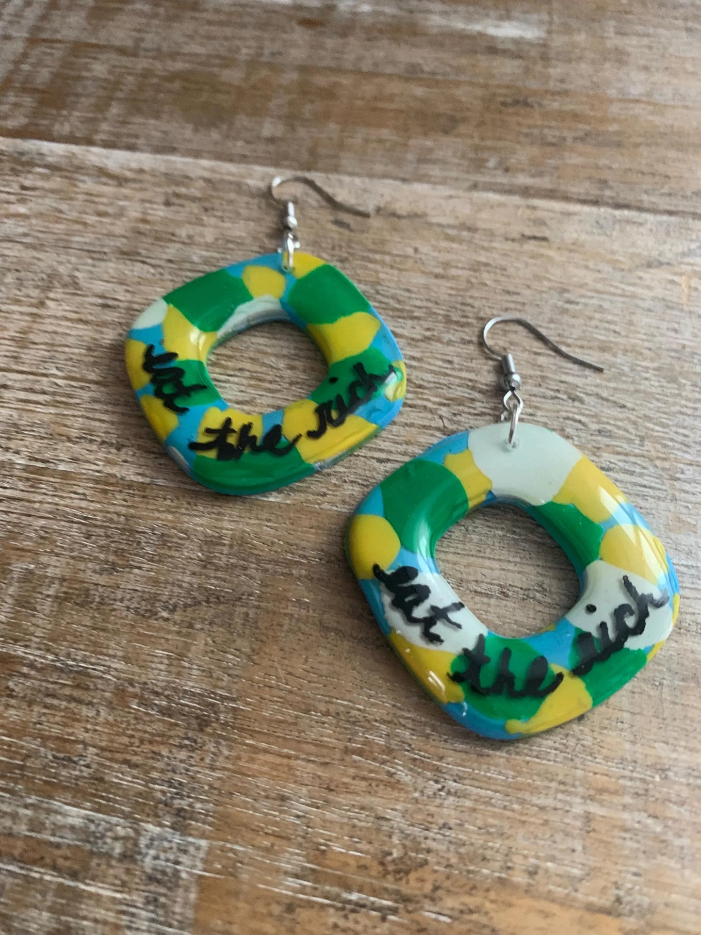Eat The Rich Terrazzo Clay Earrings Clip On Earrings Boho Art Deco Tax The Rich 1% Anti Capitalism Ear Hangers