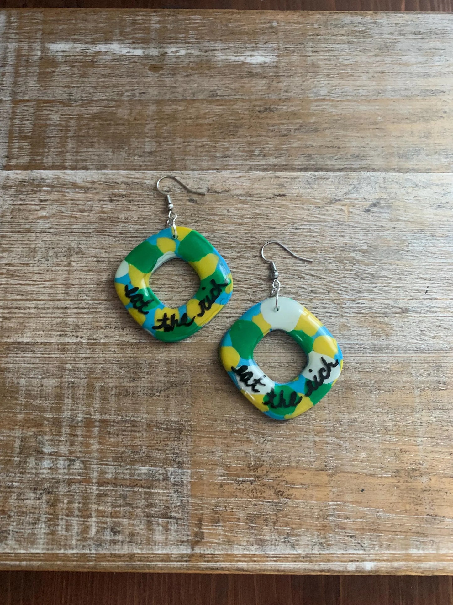 Eat The Rich Terrazzo Clay Earrings Clip On Earrings Boho Art Deco Tax The Rich 1% Anti Capitalism Ear Hangers