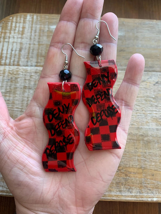 Deny Defend Depose Checkerboard Clay Earrings Skater Art Deco Checker Retro 90s Red Mod Eat the Rich Clip On Earrings Tunnel Gauge