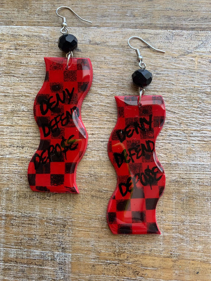 Deny Defend Depose Checkerboard Clay Earrings Skater Art Deco Checker Retro 90s Red Mod Eat the Rich Clip On Earrings Tunnel Gauge