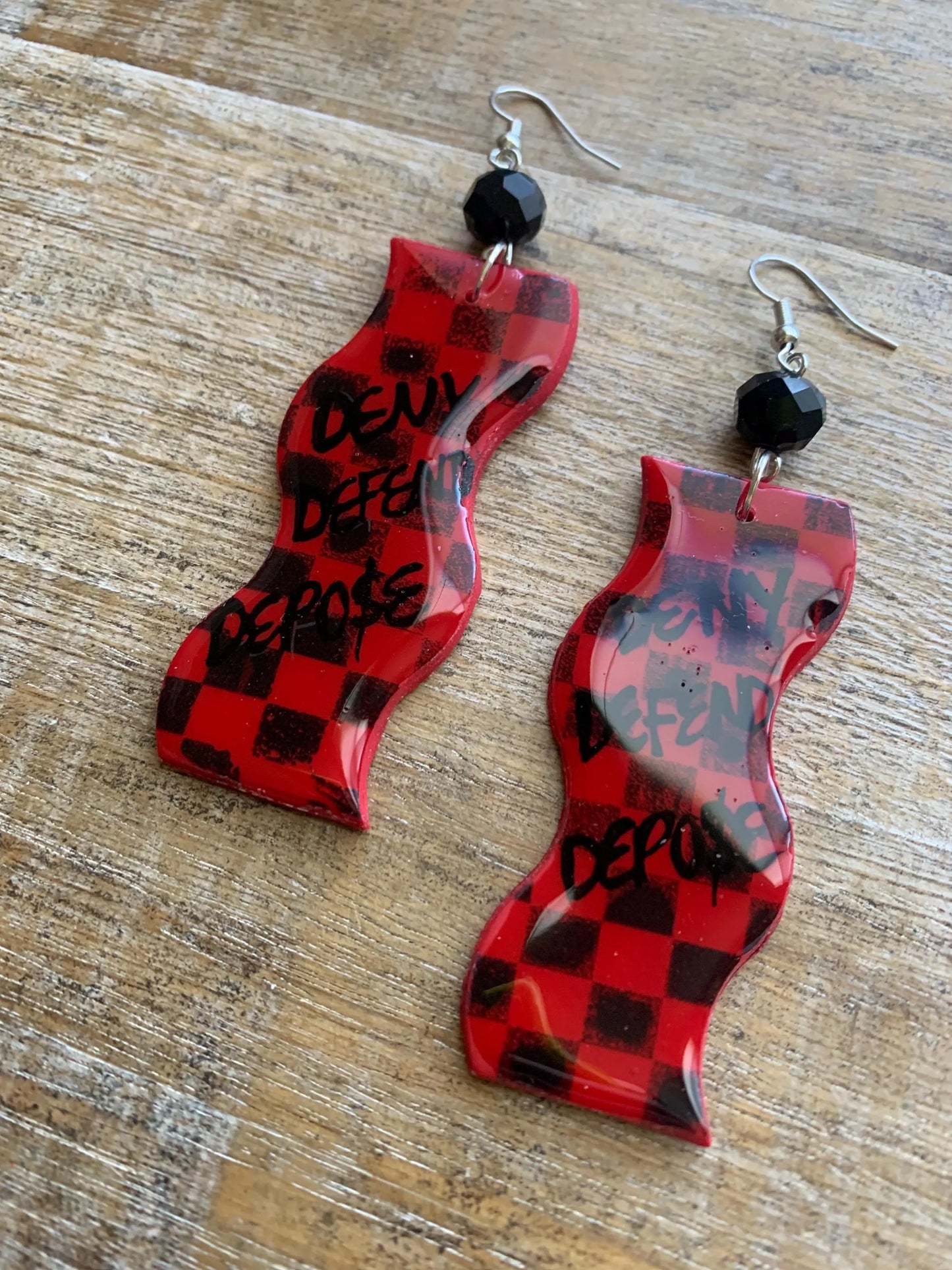 Deny Defend Depose Checkerboard Clay Earrings Skater Art Deco Checker Retro 90s Red Mod Eat the Rich Clip On Earrings Tunnel Gauge