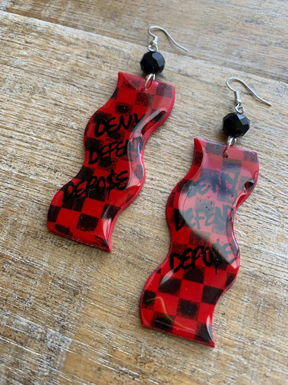 Deny Defend Depose Checkerboard Clay Earrings Skater Art Deco Checker Retro 90s Red Mod Eat the Rich Clip On Earrings Tunnel Gauge