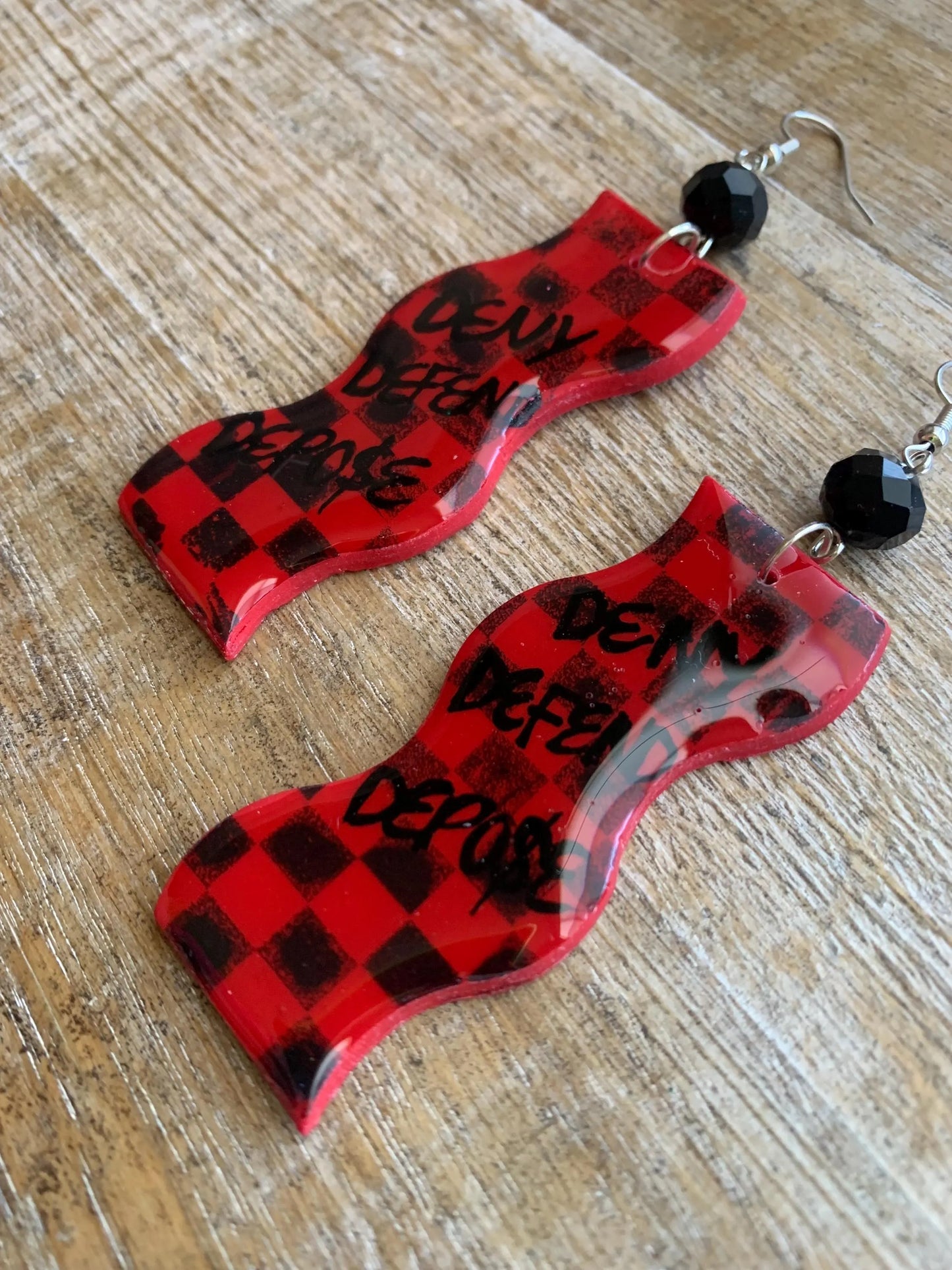 Deny Defend Depose Checkerboard Clay Earrings Skater Art Deco Checker Retro 90s Red Mod Eat the Rich Clip On Earrings Tunnel Gauge