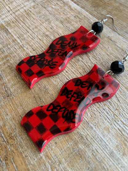 Deny Defend Depose Checkerboard Clay Earrings Skater Art Deco Checker Retro 90s Red Mod Eat the Rich Clip On Earrings Tunnel Gauge