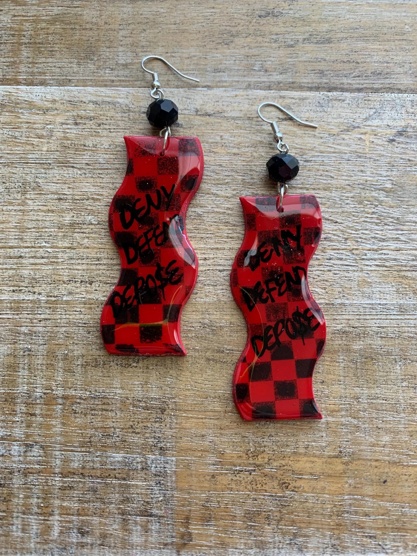 Deny Defend Depose Checkerboard Clay Earrings Skater Art Deco Checker Retro 90s Red Mod Eat the Rich Clip On Earrings Tunnel Gauge