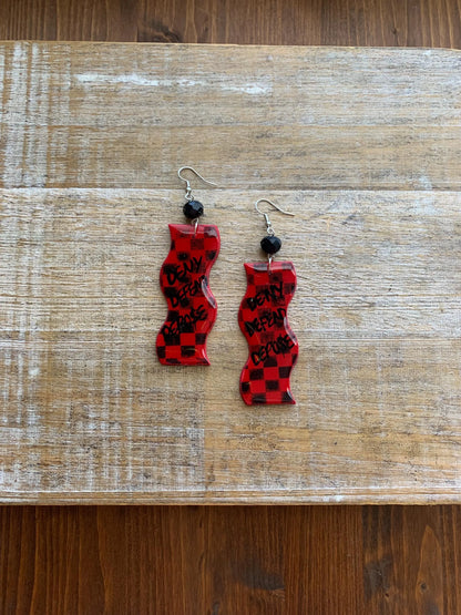 Deny Defend Depose Checkerboard Clay Earrings Skater Art Deco Checker Retro 90s Red Mod Eat the Rich Clip On Earrings Tunnel Gauge