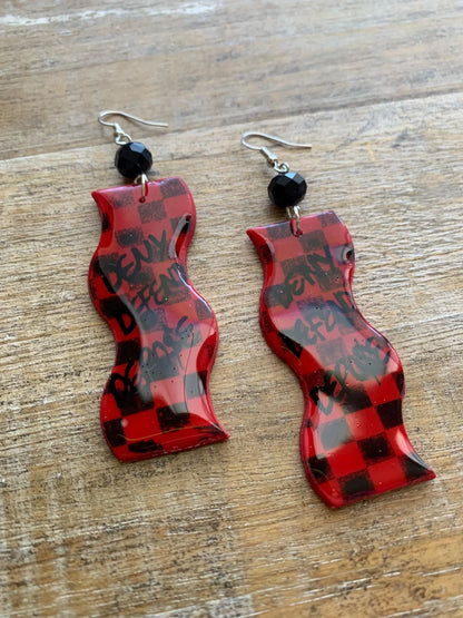 Deny Defend Depose Checkerboard Clay Earrings Skater Art Deco Checker Retro 90s Red Mod Eat the Rich Clip On Earrings Tunnel Gauge