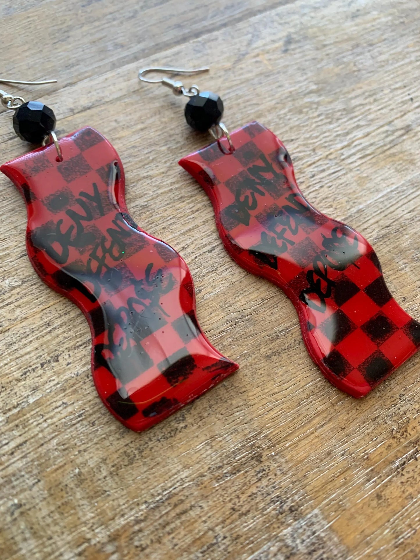 Deny Defend Depose Checkerboard Clay Earrings Skater Art Deco Checker Retro 90s Red Mod Eat the Rich Clip On Earrings Tunnel Gauge